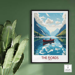 Fjords Norway wall art featuring a picturesque boat scene and vibrant mountains, perfect for modern home decor.