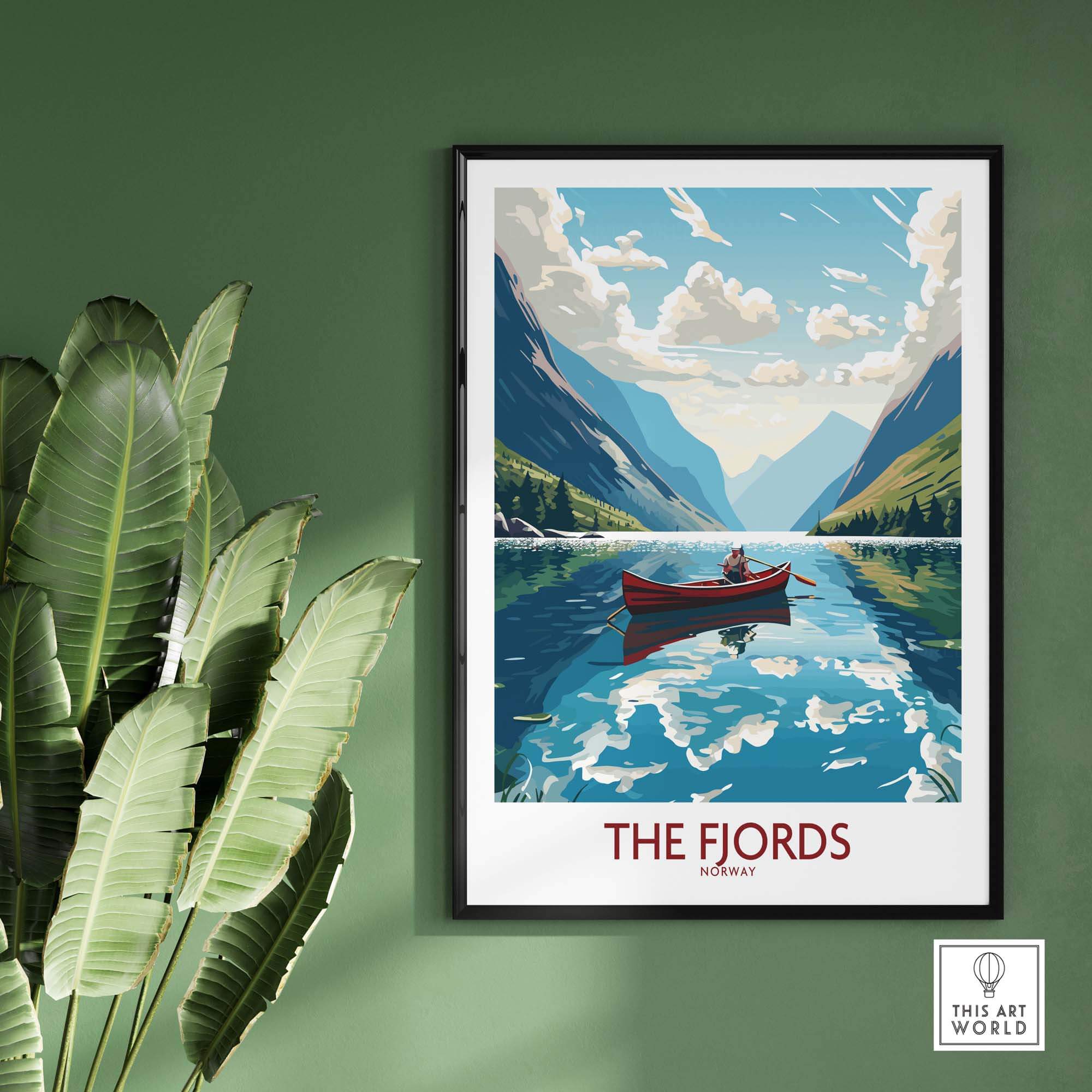 Fjords Norway wall art featuring a picturesque boat scene and vibrant mountains, perfect for modern home decor.
