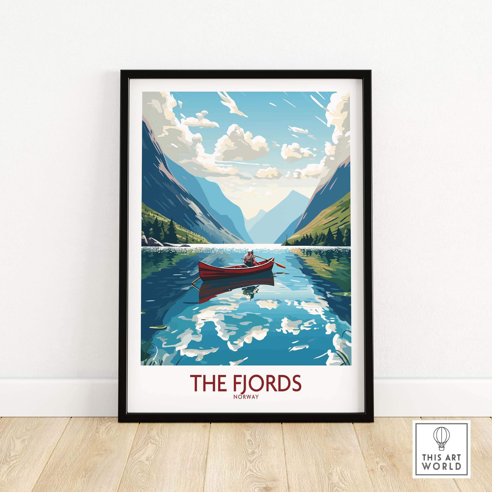 Beautiful Fjords Norway wall art featuring a serene landscape with a boat on calm waters, perfect for modern decor.
