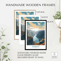 Handmade wooden frames in natural, white, and black displaying Norway wall art with sustainable materials and clear glaze.