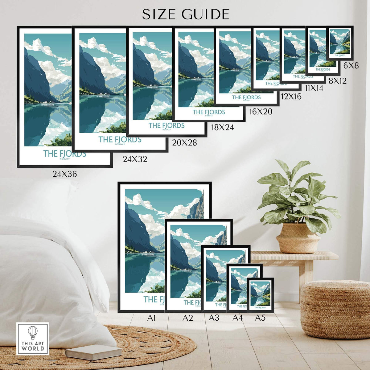 Size guide for Fjords Wall Art showcasing various frame sizes in a modern interior setting.
