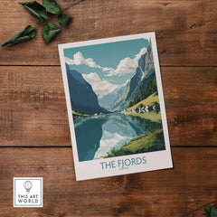 Fjords wall art print depicting a serene Norwegian landscape with mountains and reflections on water, perfect for modern decor.