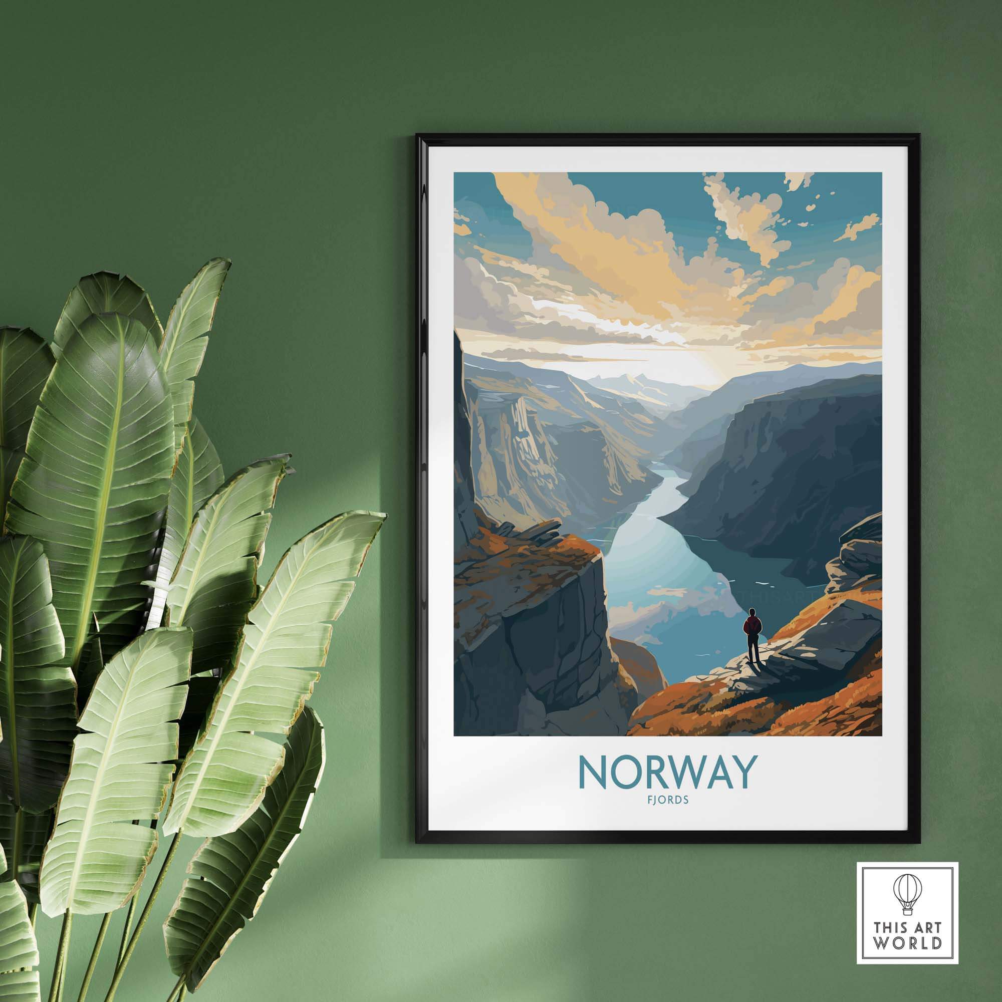 Norway Fjords wall art print, showcasing a picturesque landscape with mountains and a river, perfect for modern decor.
