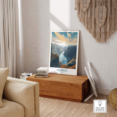 Fjords Wall Art Print of Norway displayed in a cozy interior setting, showcasing majestic natural scenery.