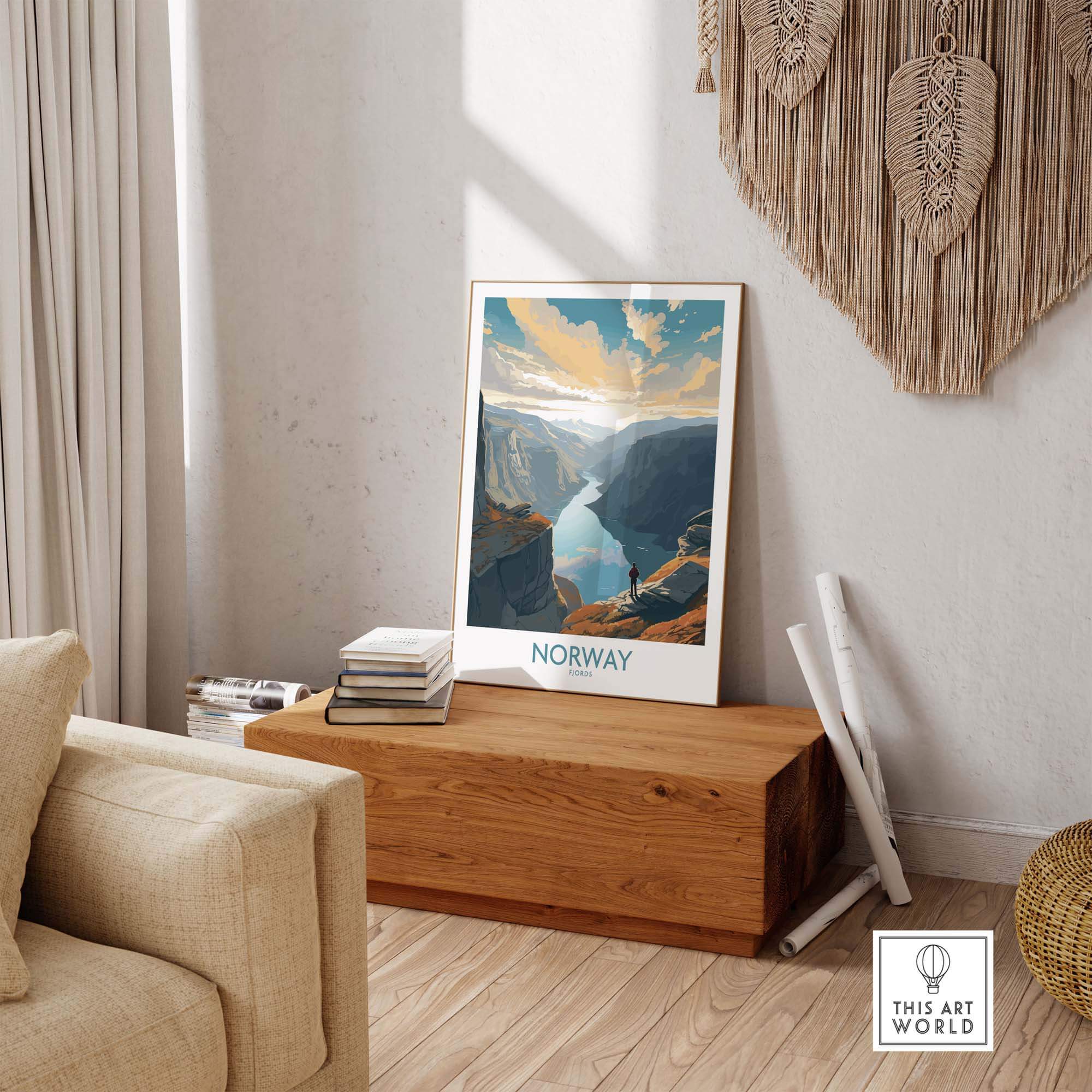 Fjords Wall Art Print of Norway displayed in a cozy interior setting, showcasing majestic natural scenery.
