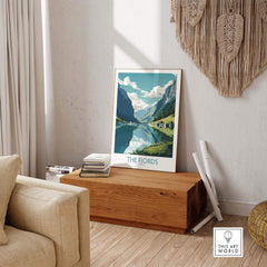 Modern Fjords wall art displayed in a cozy living room, showcasing stunning Norwegian landscape and vibrant colors.