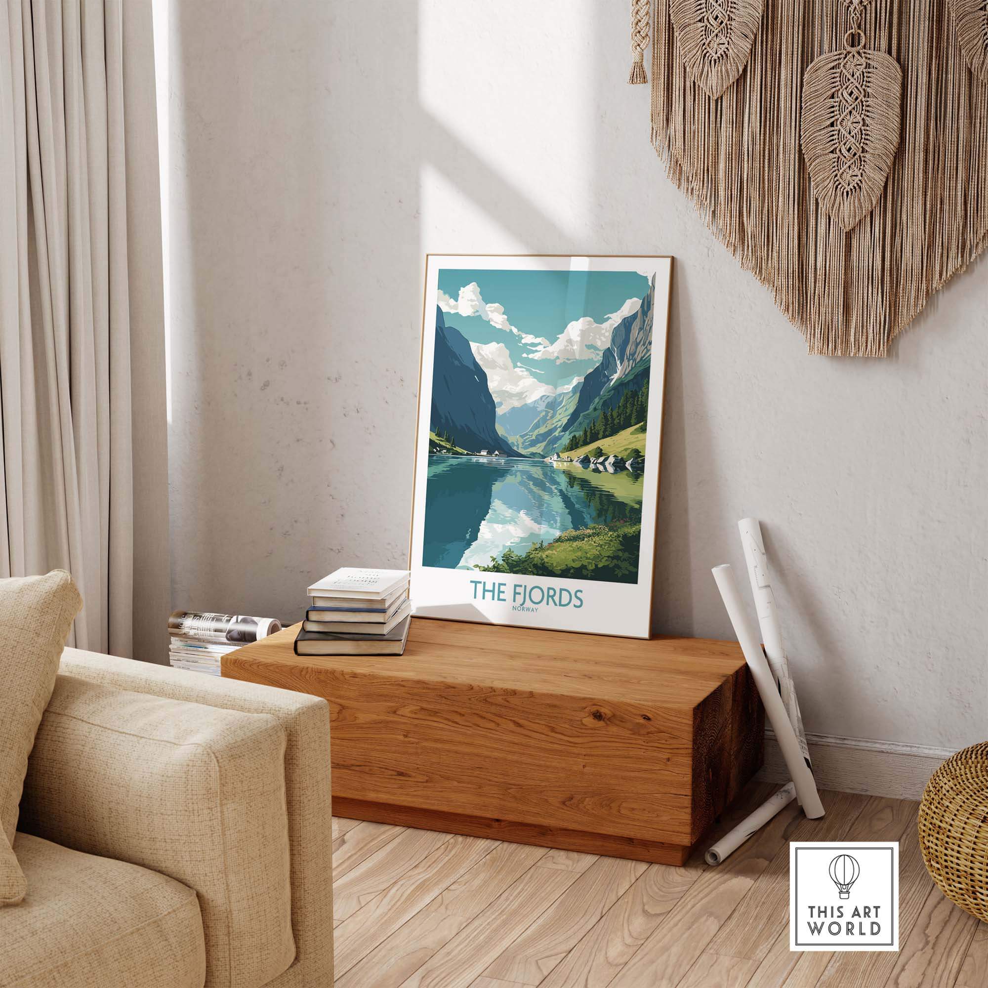 Modern Fjords wall art displayed in a cozy living room, showcasing stunning Norwegian landscape and vibrant colors.