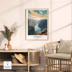 Modern Norway wall art print featuring a scenic fjord landscape, displayed elegantly in a cozy interior setting.