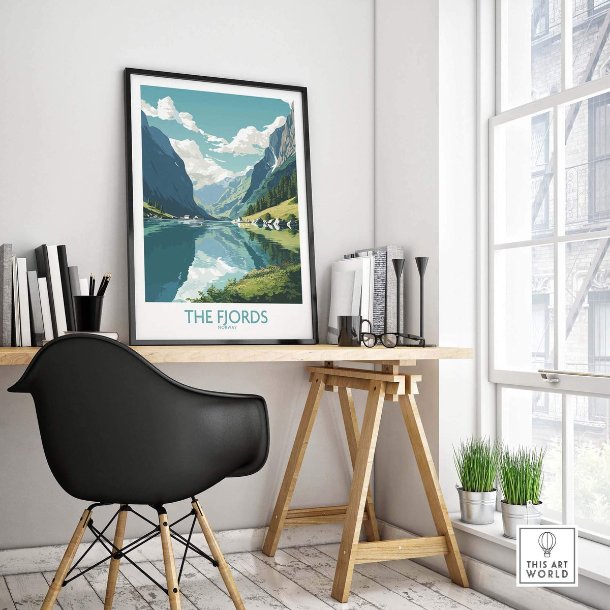 Modern Fjords wall art framed in a stylish interior, depicting serene Norwegian landscapes with mountains and reflections.