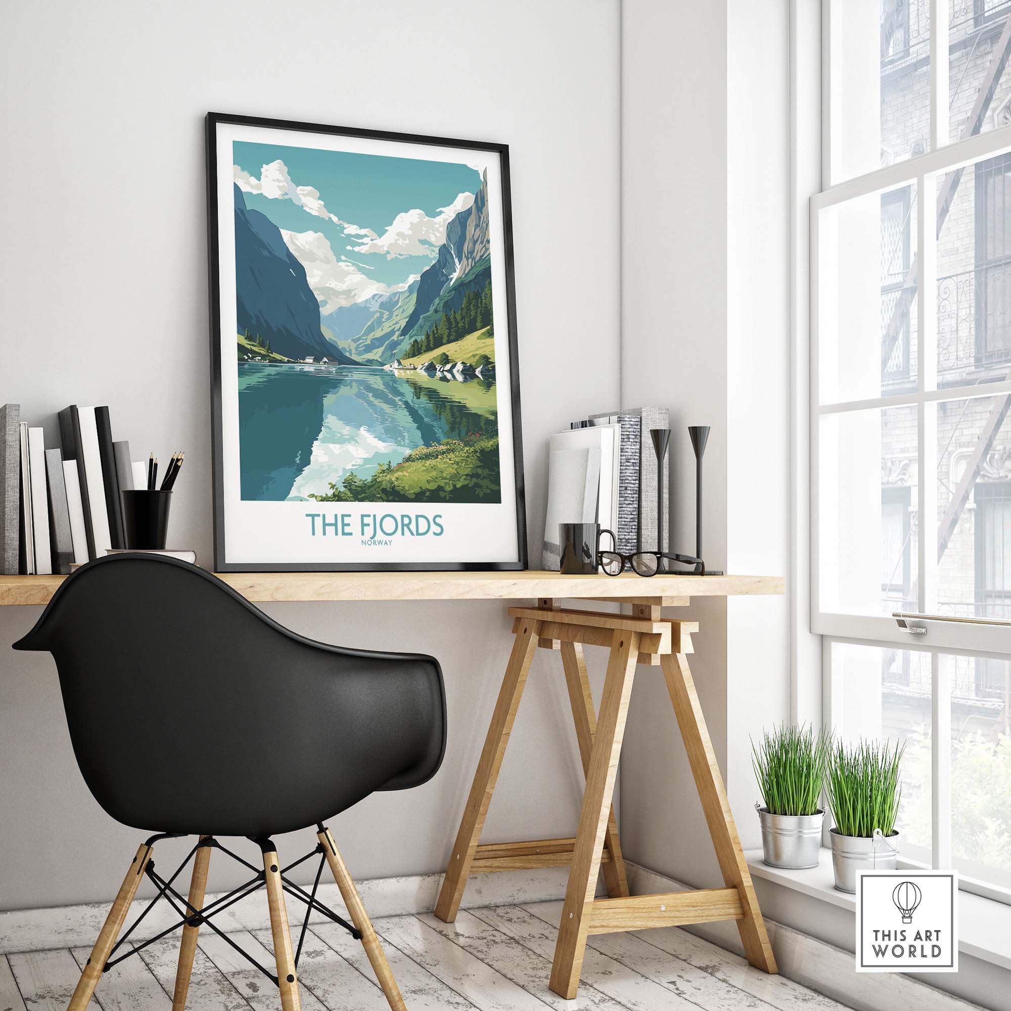 Modern Fjords wall art framed in a stylish interior, depicting serene Norwegian landscapes with mountains and reflections.