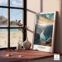 Modern Norwegian Fjord wall art print displayed in a stylish interior setting, capturing breathtaking natural beauty.