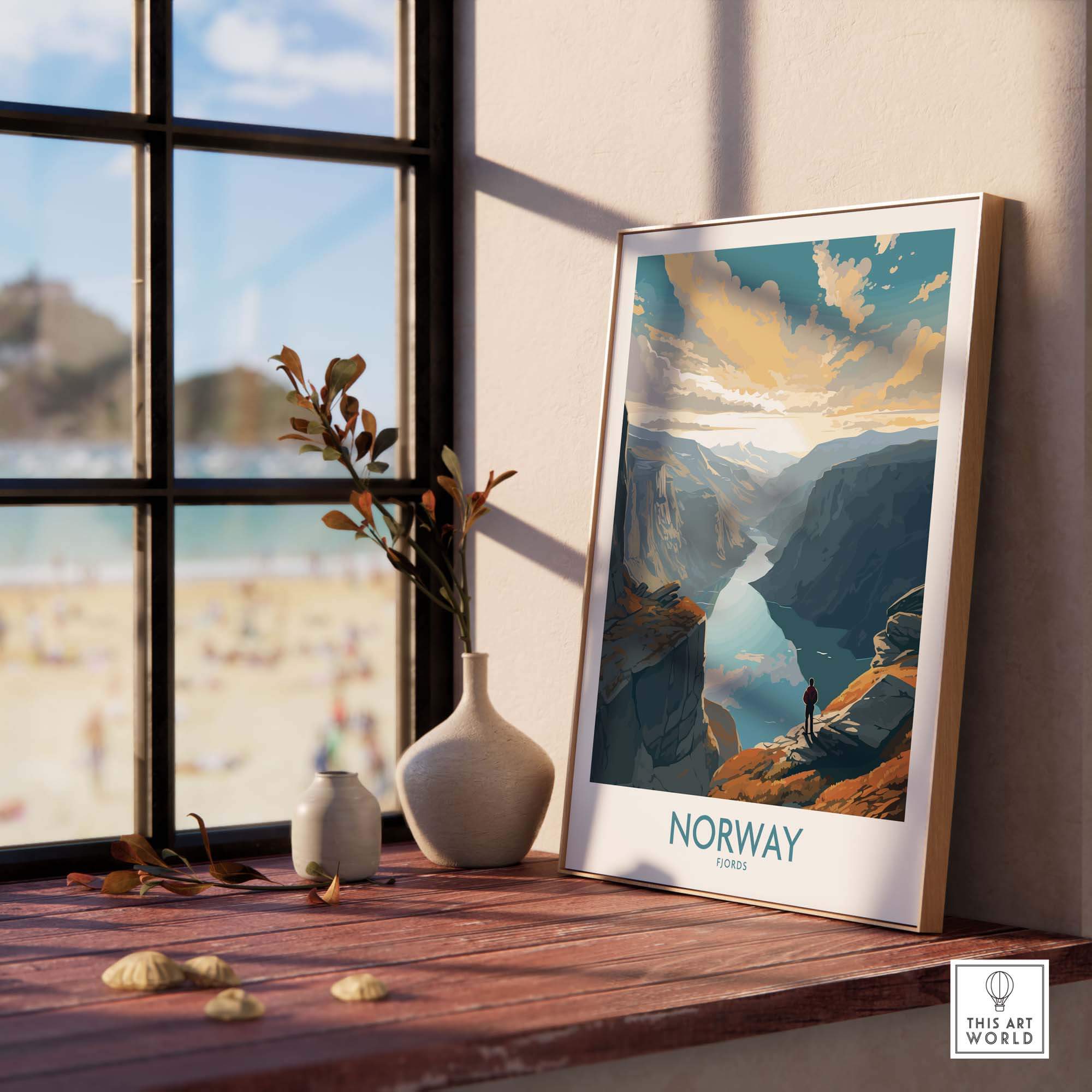 Modern Norwegian Fjord wall art print displayed in a stylish interior setting, capturing breathtaking natural beauty.