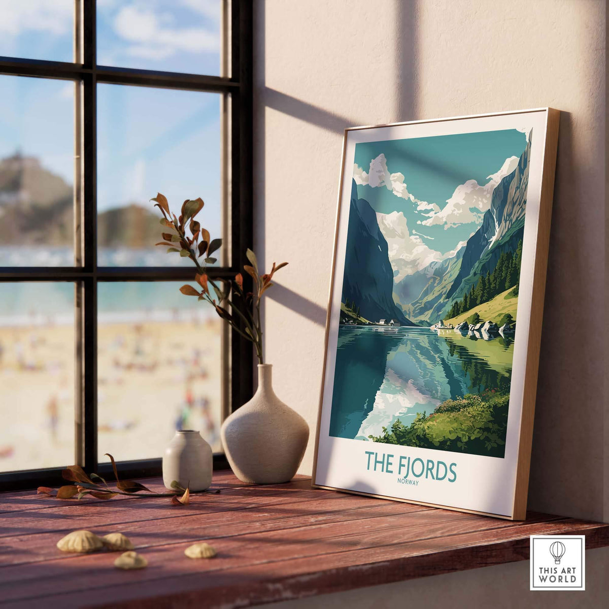 Fjords wall art displayed in a sunny room, showcasing vibrant Norwegian landscapes and natural beauty.