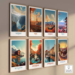 Wall art featuring iconic cityscapes: Norway, Paris, Florence, Tokyo, Reykjavik, Amsterdam, Copenhagen, and Barcelona.