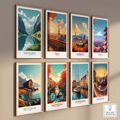 Vibrant collection of framed wall art featuring iconic landscapes from Norway, Paris, Florence, Tokyo, and other cities.