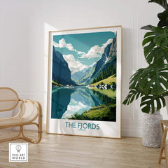 Fjords Wall Art featuring stunning Norwegian landscape in modern decor setting, highlighting nature's beauty.