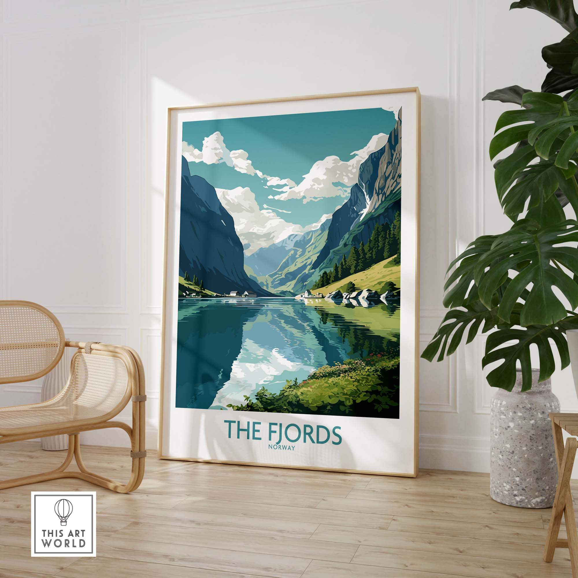 Fjords Wall Art featuring stunning Norwegian landscape in modern decor setting, highlighting nature's beauty.