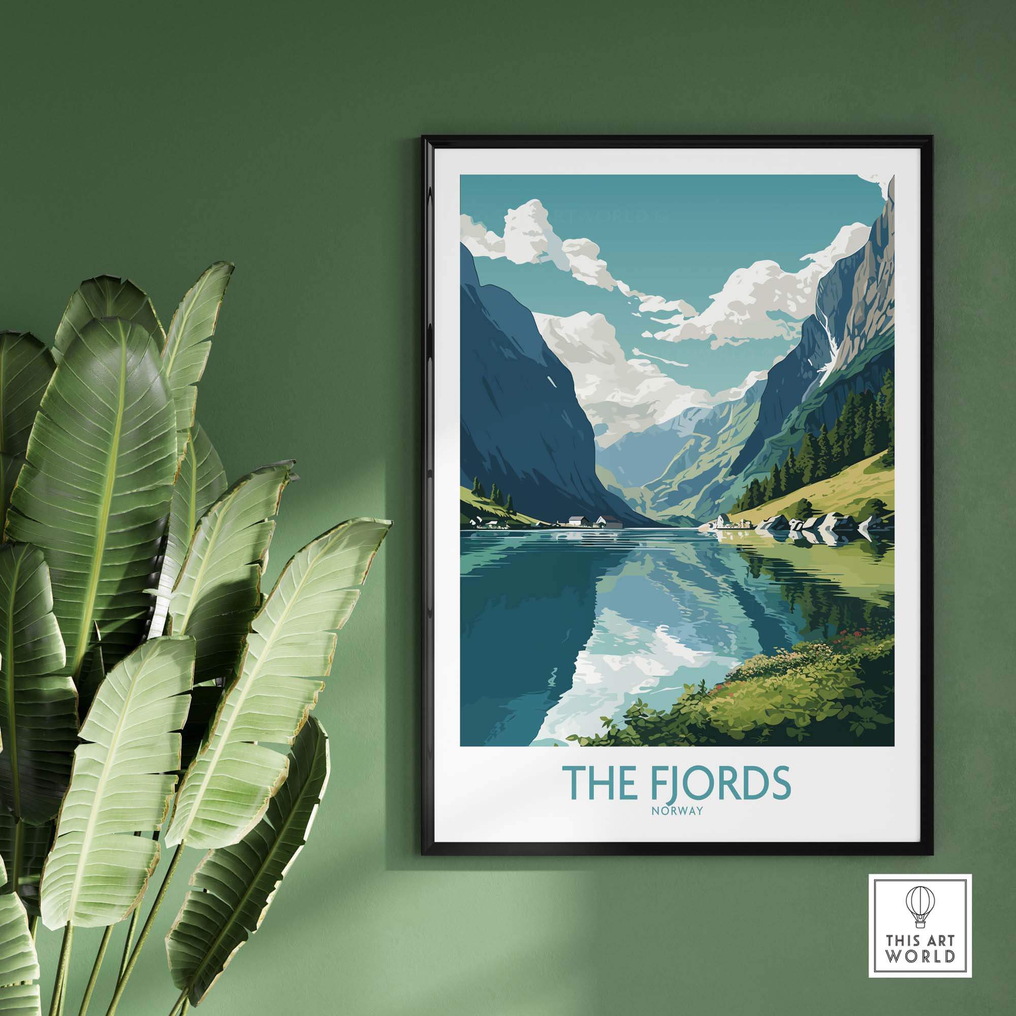 Fjords Wall Art depicting a serene Norwegian landscape with mountains and water, adding a modern touch to interior décor.