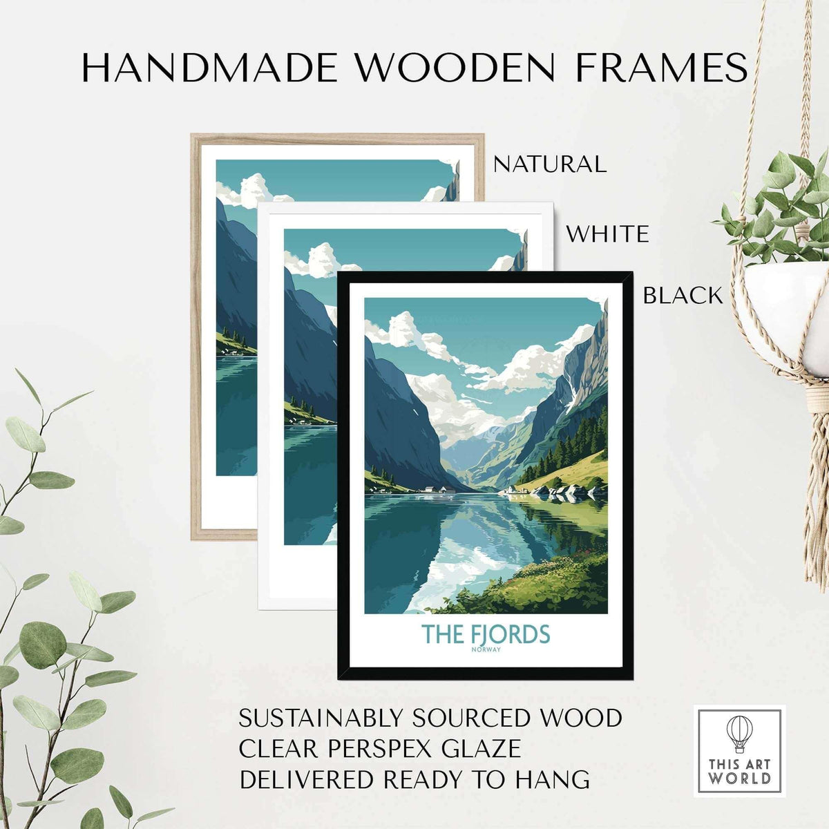 Handmade wooden frames for Fjords wall art in natural, white, and black options, ready to hang and sustainably sourced.