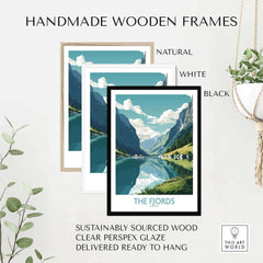 Handmade wooden frames for Fjords wall art in natural, white, and black options, ready to hang and sustainably sourced.