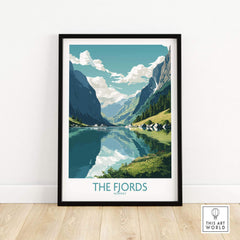Fjords Wall Art print showcasing a serene Norwegian landscape with mountains and a reflective lake. Modern home décor.