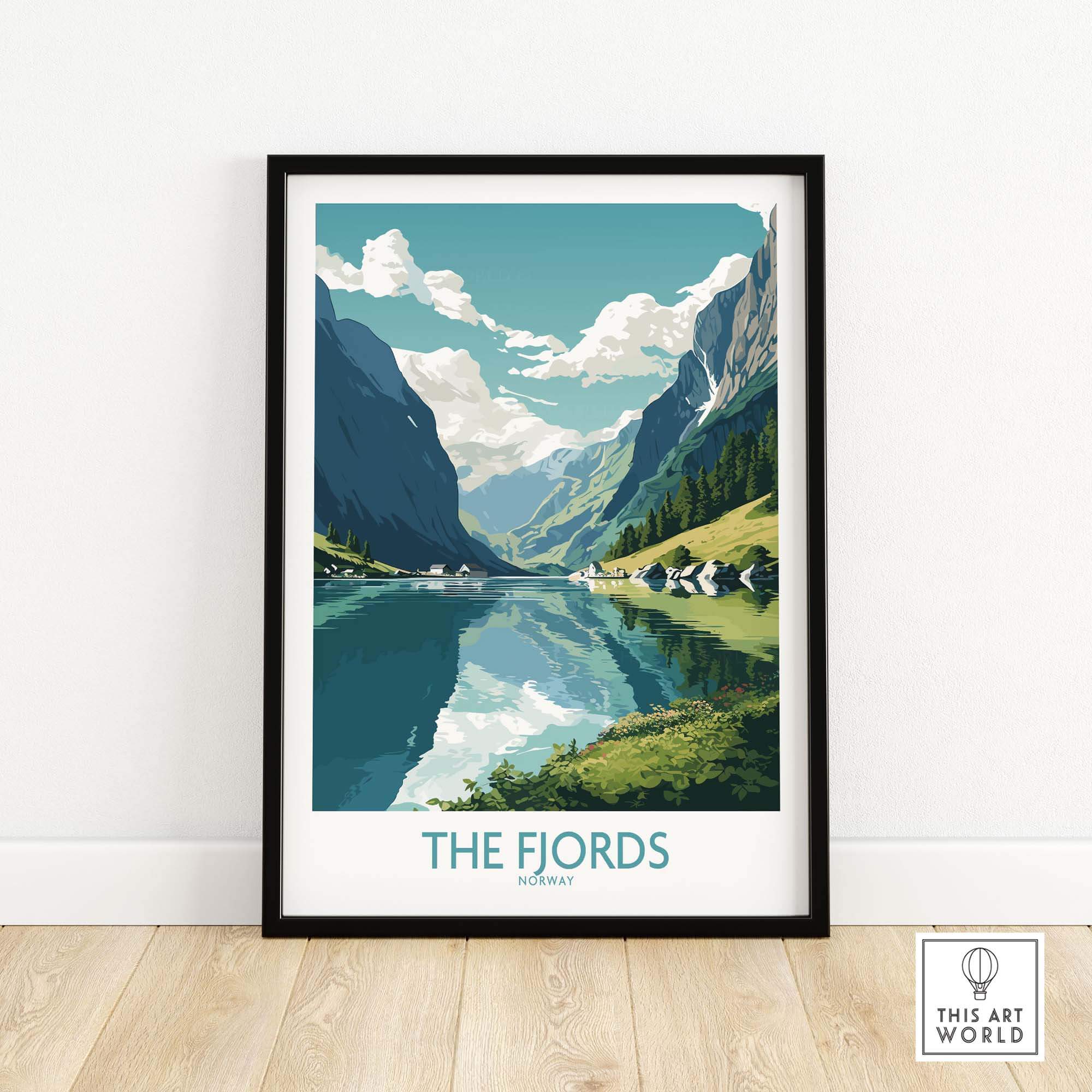 Fjords Wall Art print showcasing a serene Norwegian landscape with mountains and a reflective lake. Modern home décor.