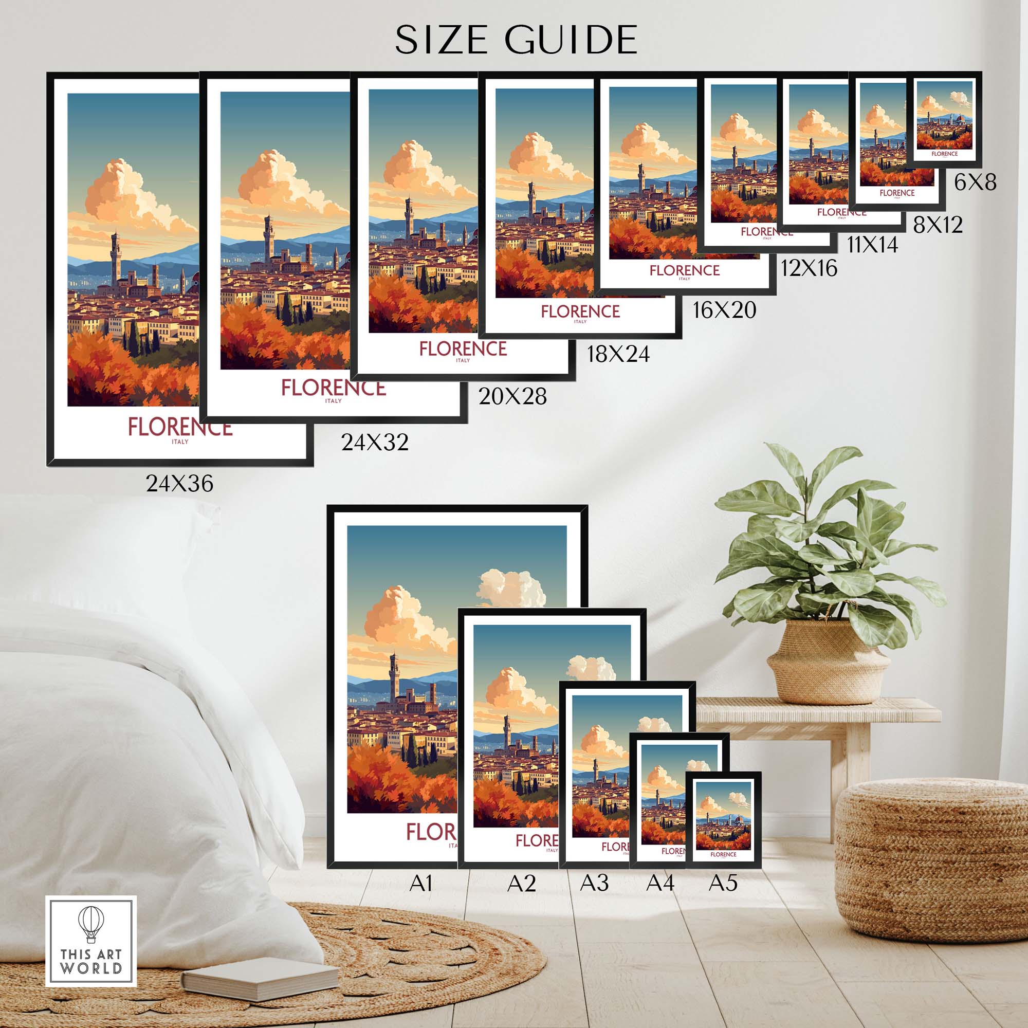 Size guide showcasing various dimensions of Florence Italy wall art print for home decor.