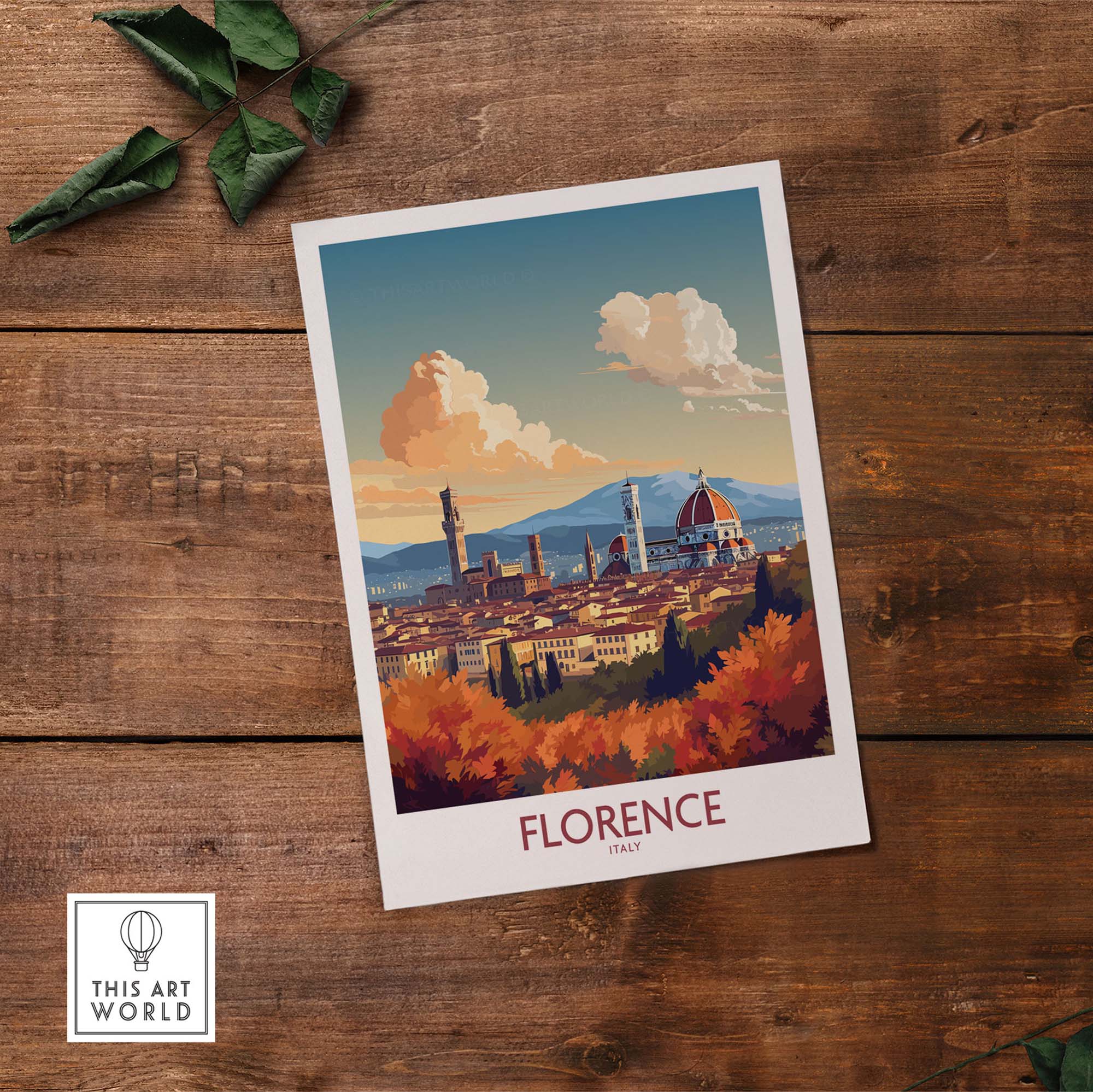 Florence Italy wall art print featuring the Cathedral of Santa Maria del Fiore and Tuscan landscape in modern style.