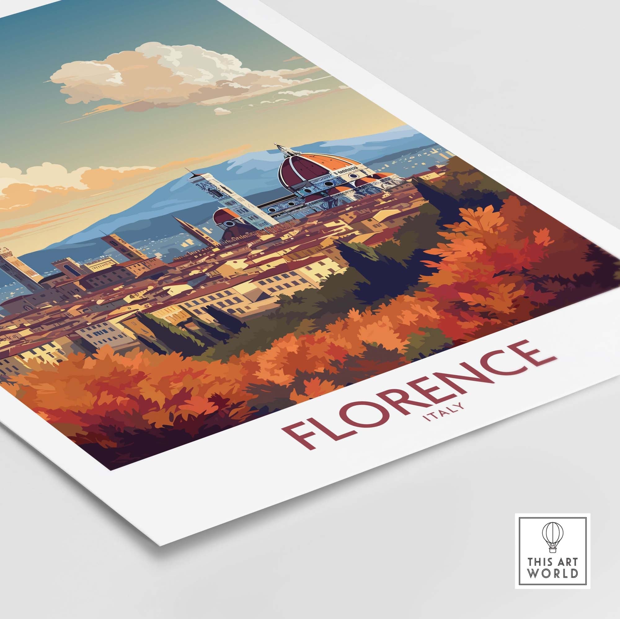 Florence Italy wall art print featuring Cathedral of Santa Maria del Fiore and autumn landscape in modern style.