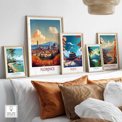 Elegant wall art featuring Florence, Italy, alongside travel prints of Beijing, Costa Rica, Philippines, and the Grand Canyon.