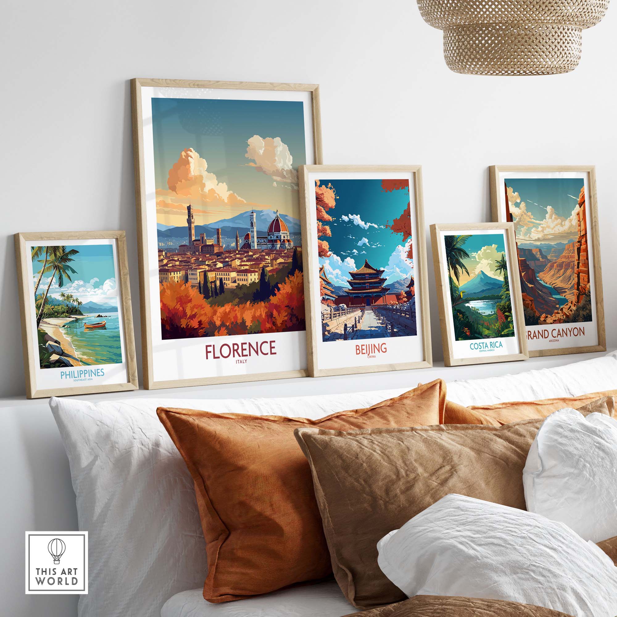 Elegant wall art featuring Florence, Italy, alongside travel prints of Beijing, Costa Rica, Philippines, and the Grand Canyon.