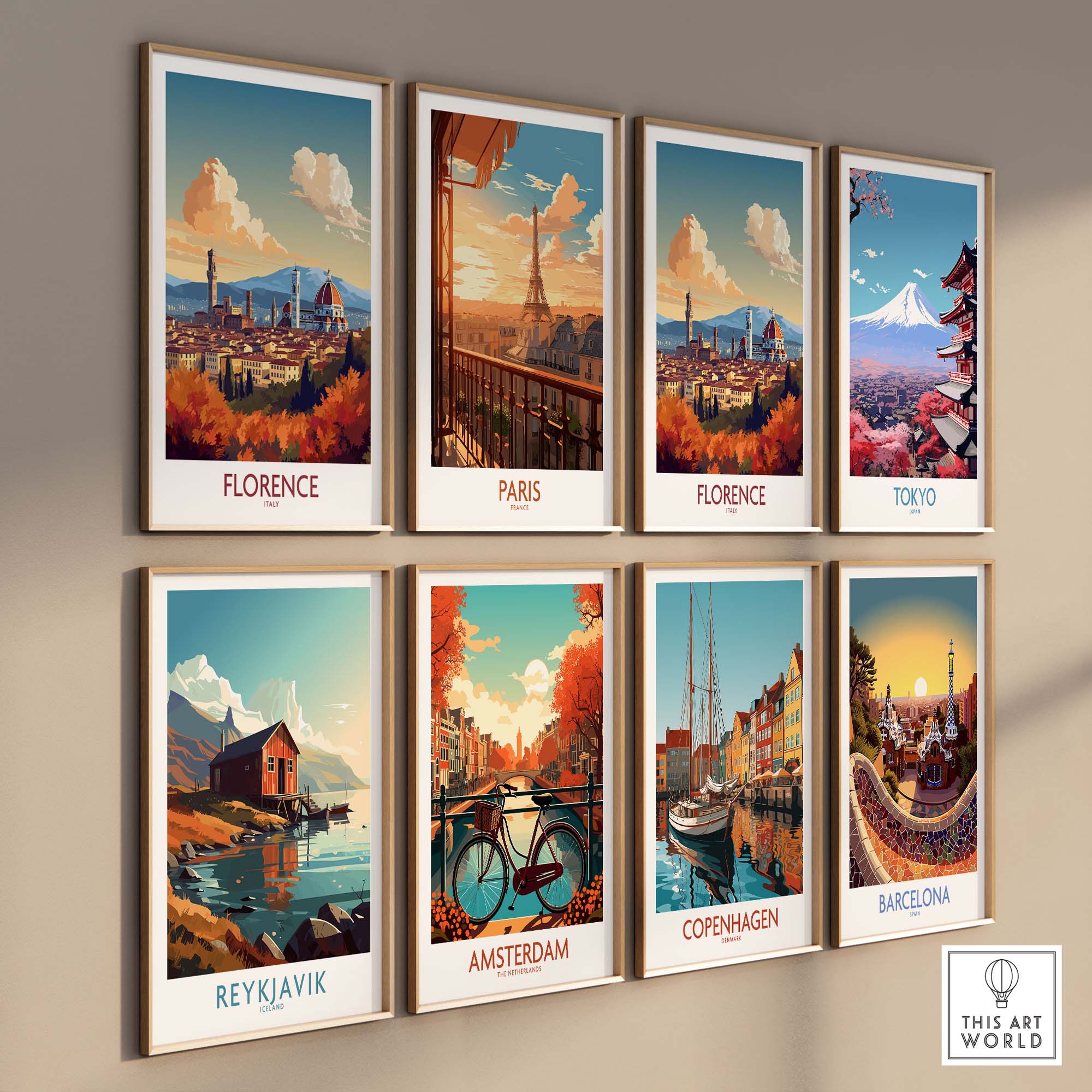 Gallery of vintage-style travel posters featuring Florence, Paris, Tokyo, and more, showcasing iconic cityscapes.