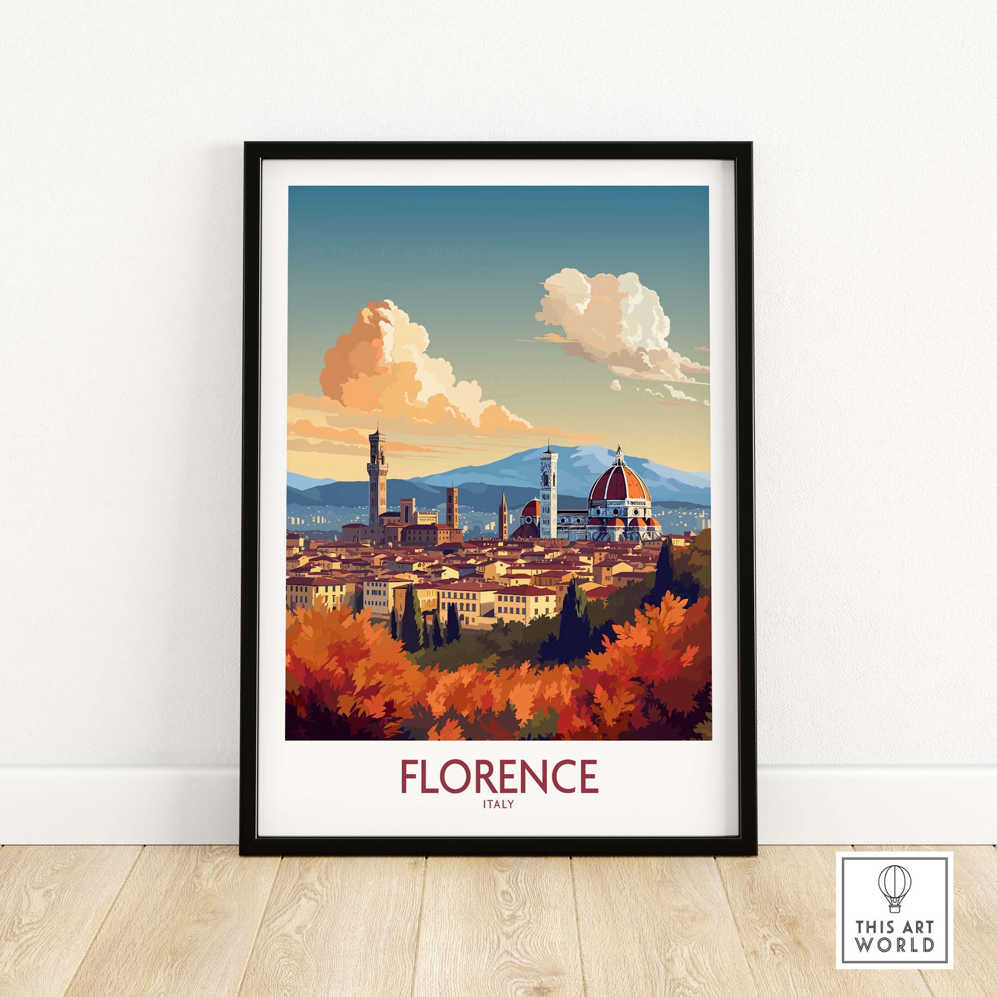 Florence Italy wall art print featuring Cathedral of Santa Maria del Fiore with modern design and vibrant colors.