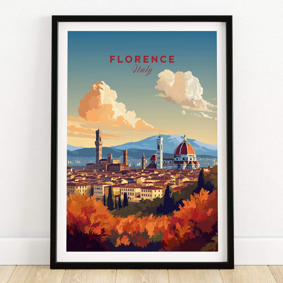 Florence Italy Art Print featuring the Cathedral of Santa Maria del Fiore and scenic Tuscan landscape.