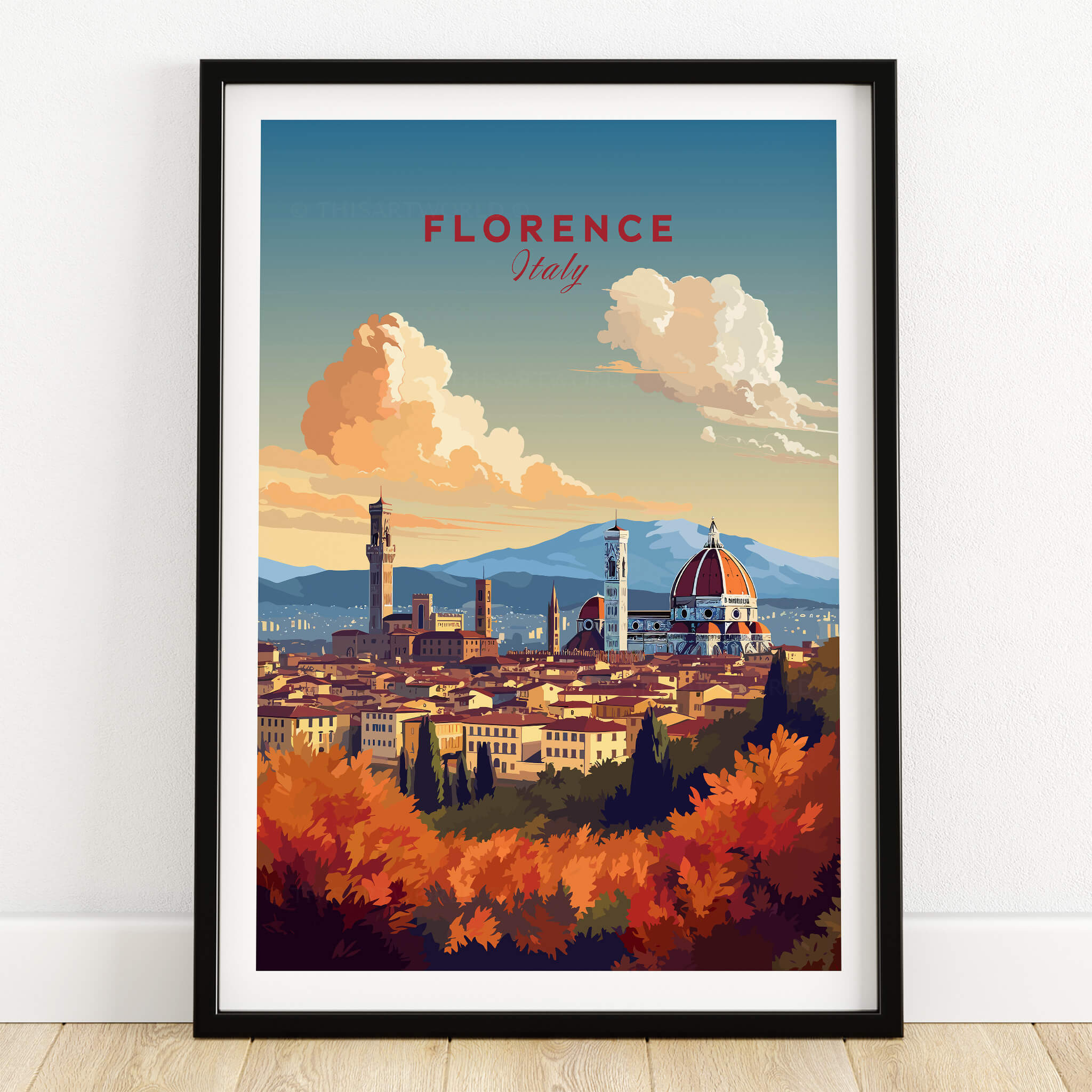 Florence Italy Art Print featuring the Cathedral of Santa Maria del Fiore and scenic Tuscan landscape.