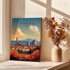 Florence Italy Art Print showcasing the Cathedral of Santa Maria del Fiore against a colorful sunset.