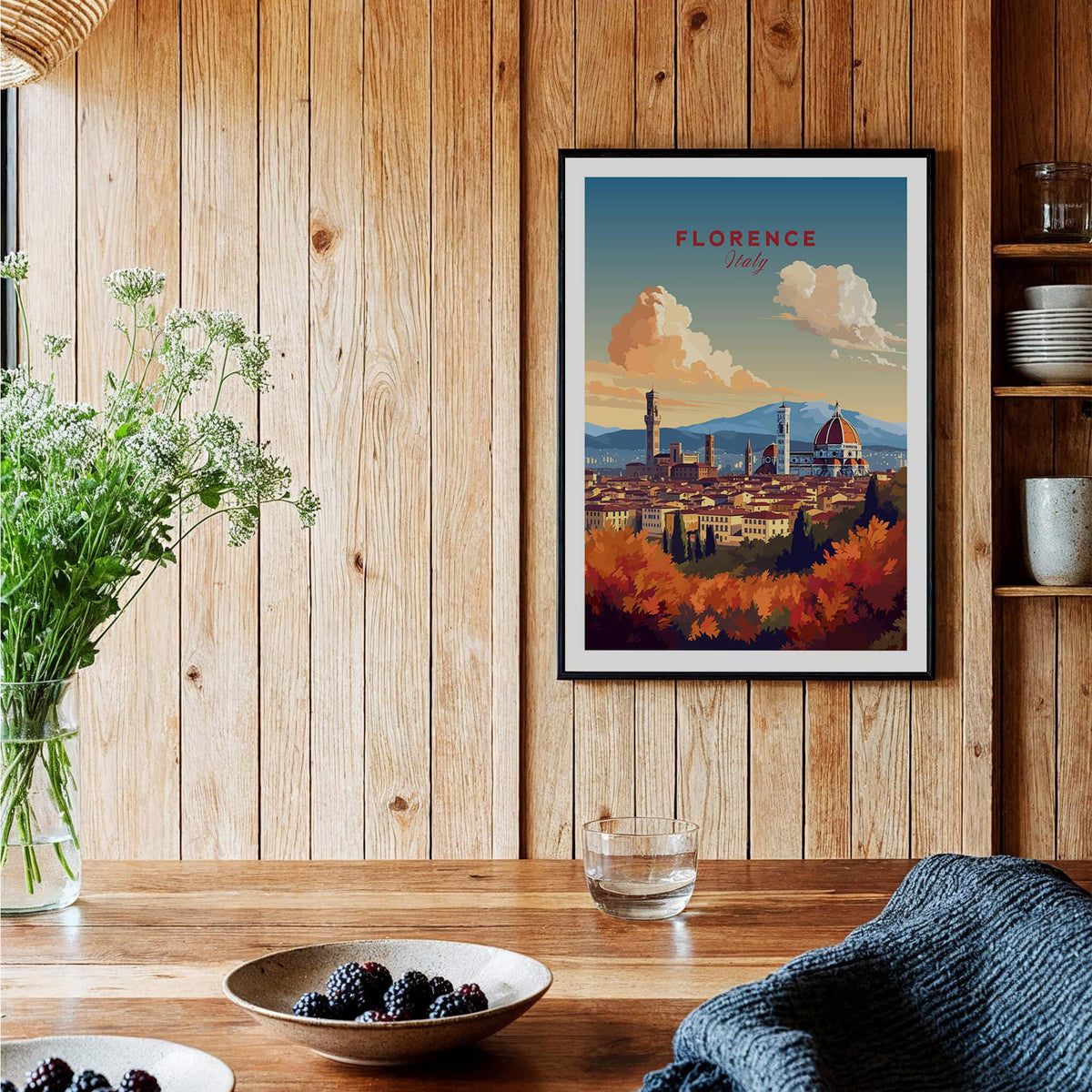 Florence Italy Art Print displayed in a cozy interior setting, featuring the Cathedral of Santa Maria del Fiore.