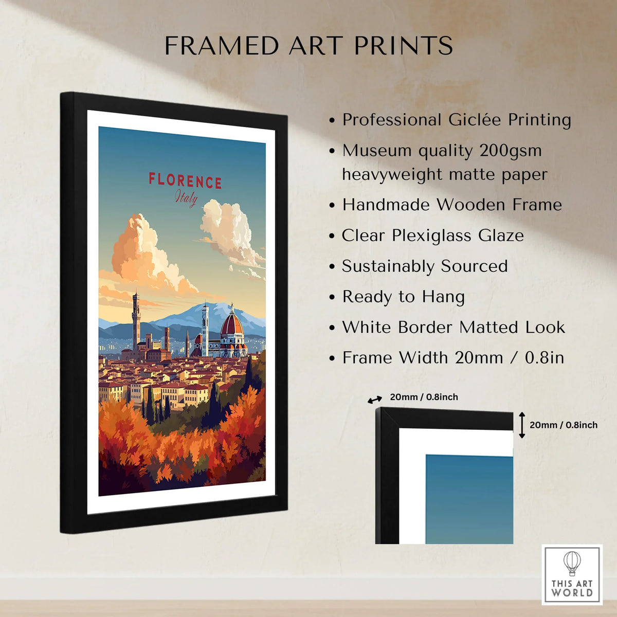Florence Italy Art Print showcasing the Cathedral of Santa Maria del Fiore, framed with high-quality materials and ready to hang.