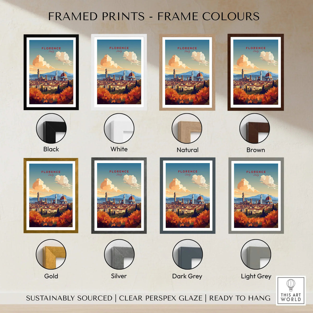 Florence Italy Art Print framed in various colors including black, white, natural, and brown options.