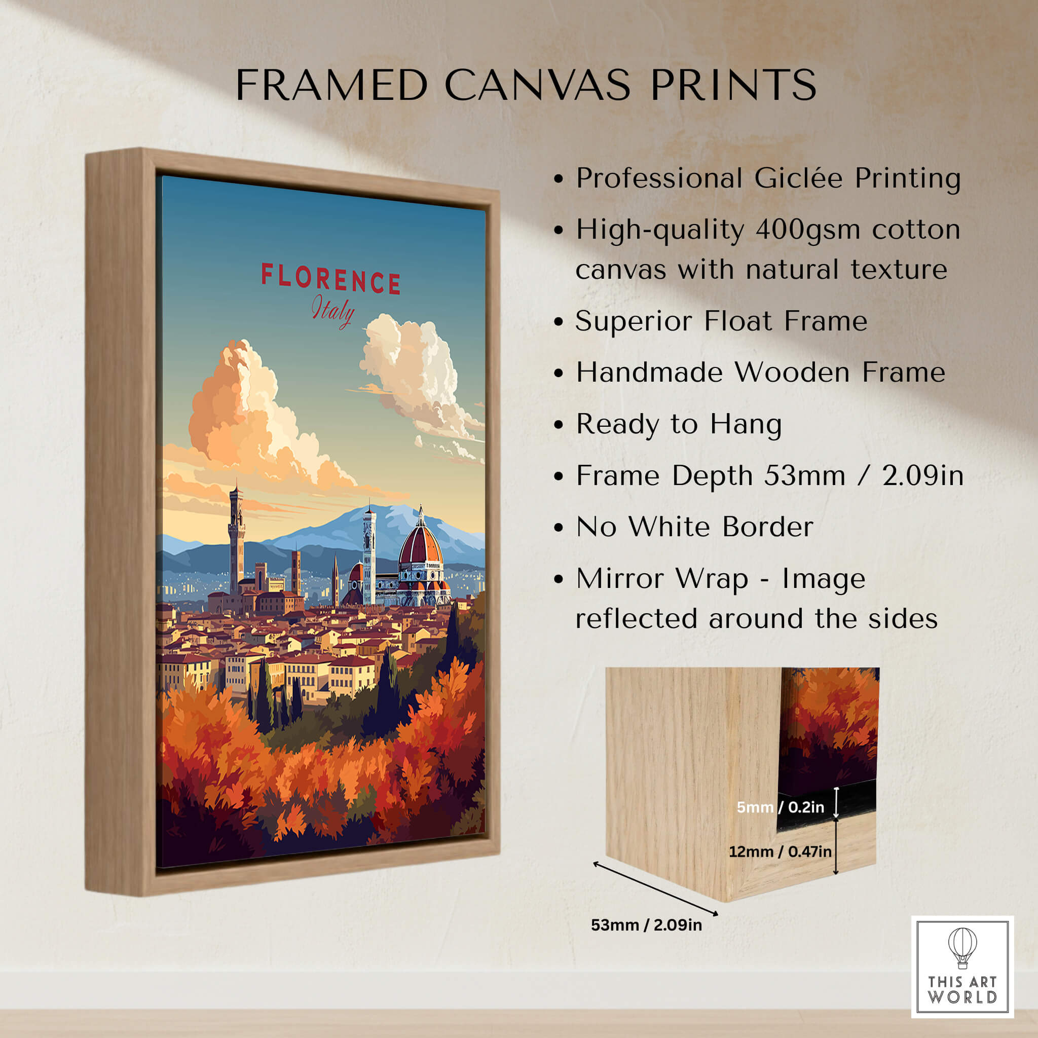 Florence Italy Art Print featuring a colorful depiction of Florence with a handmade wooden frame.