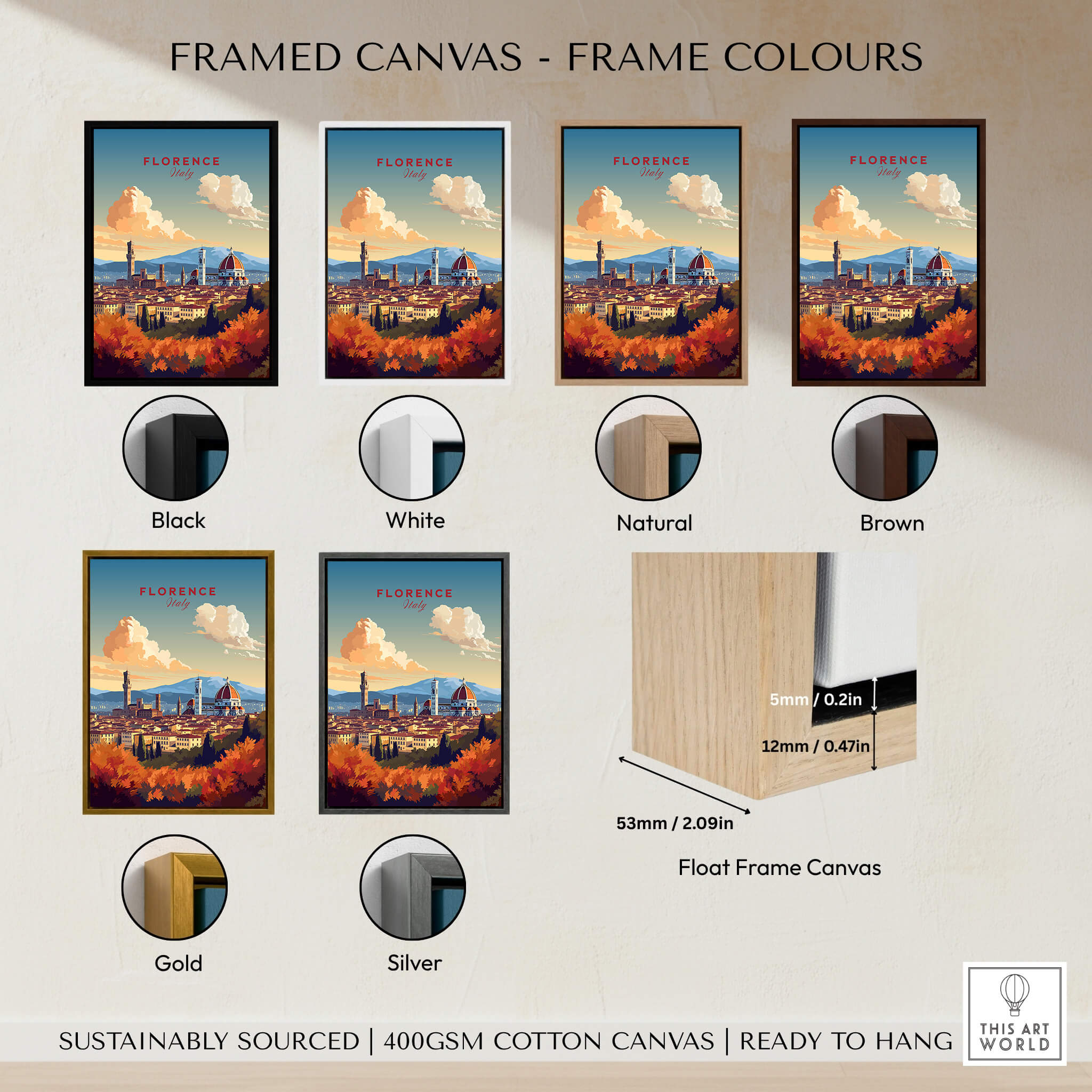 Florence Italy Art Print displayed in various frame colors including black, white, natural, brown, gold, and silver.