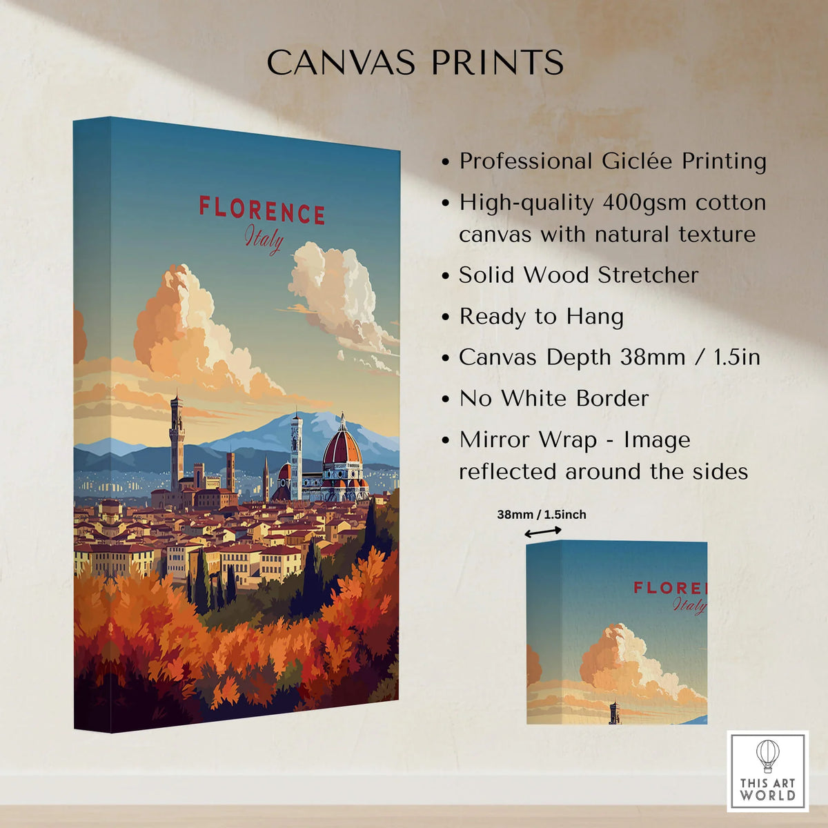 Florence Italy Art Print showcasing the Cathedral of Santa Maria del Fiore, vibrant colors and high-quality giclée printing.