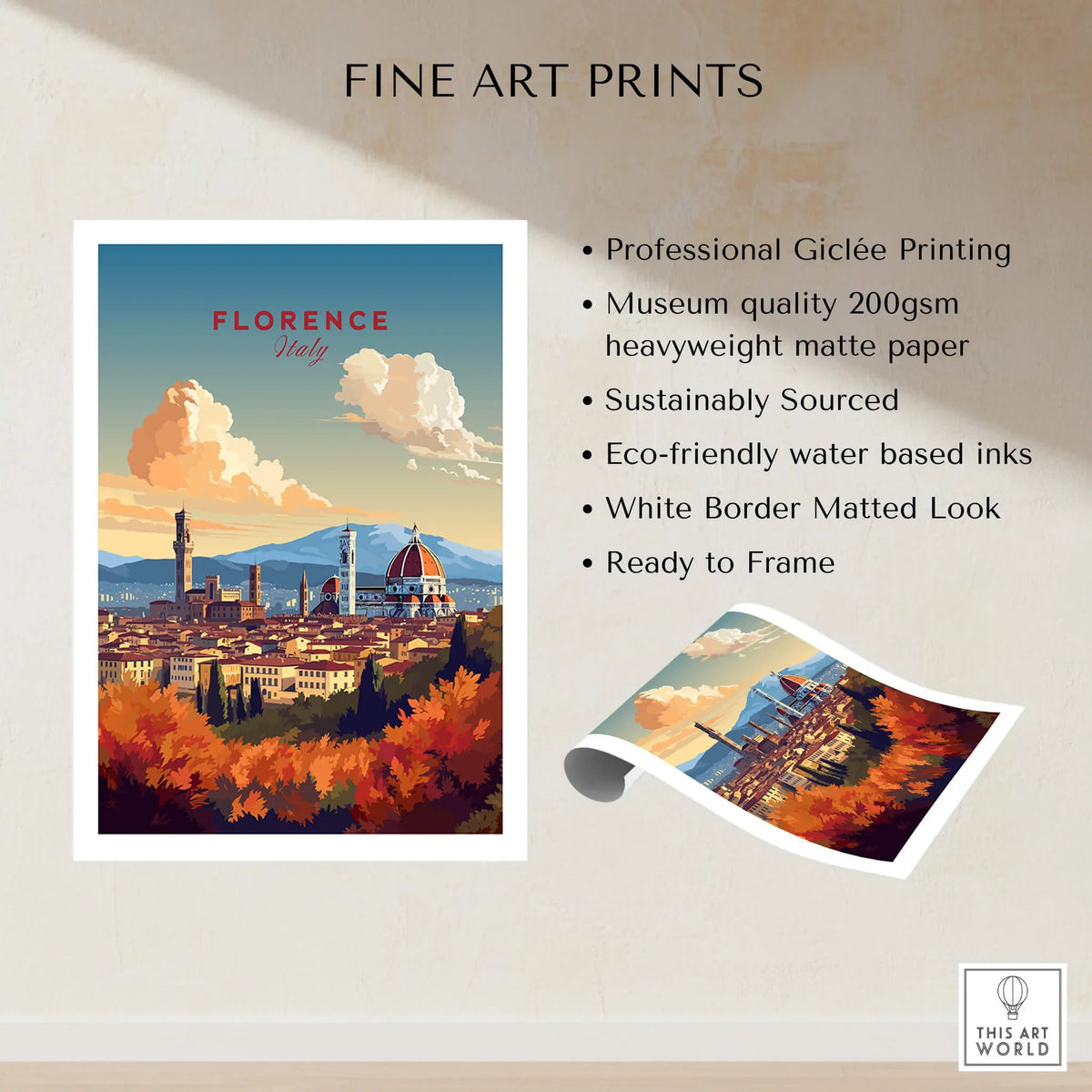 Florence Italy Art Print featuring the Cathedral of Santa Maria del Fiore in a beautiful landscape.