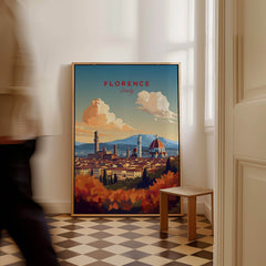 Florence Italy Art Print showcasing the Cathedral of Santa Maria del Fiore and the Tuscan landscape.