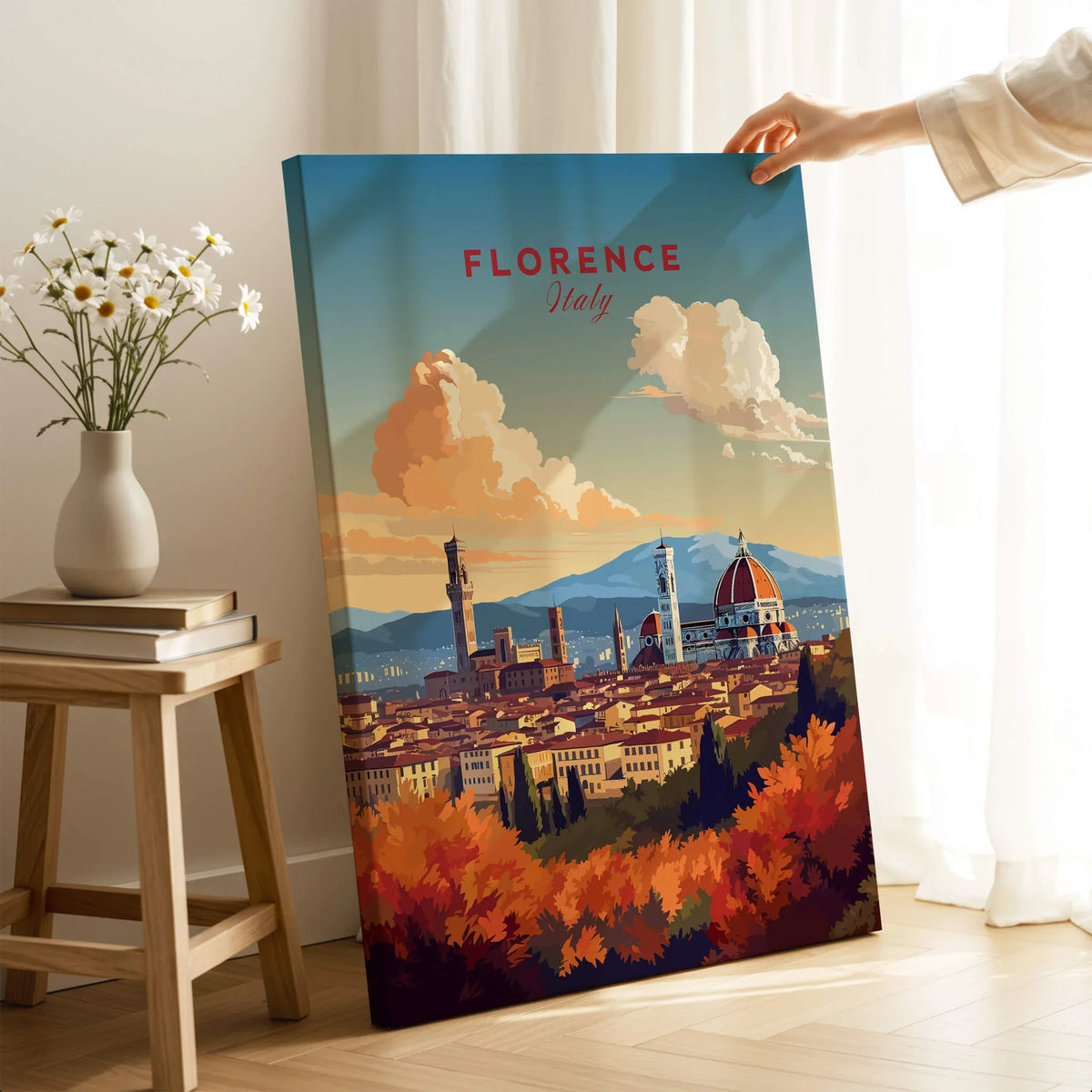 Florence Italy Art Print featuring stunning view of Florence skyline with the Cathedral and Tuscan landscape.