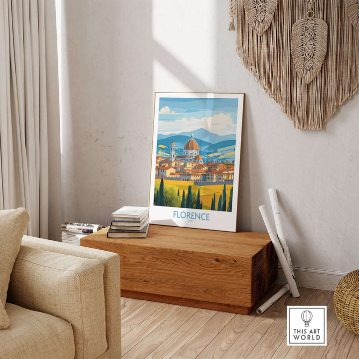 Florence Print showcasing a scenic view of Florence, Italy, displayed elegantly in a stylish living room setting.