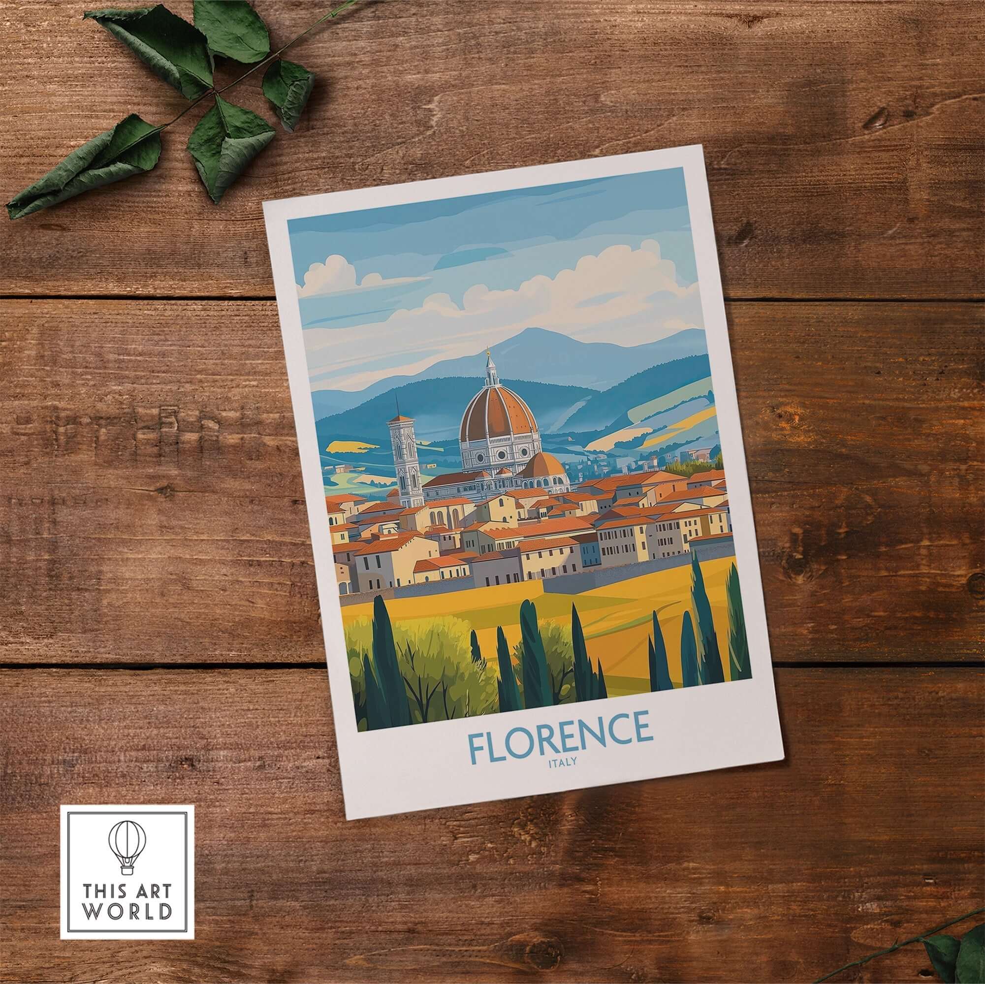 Florence Print Italy featuring a vibrant illustration of Florence on a wooden table.