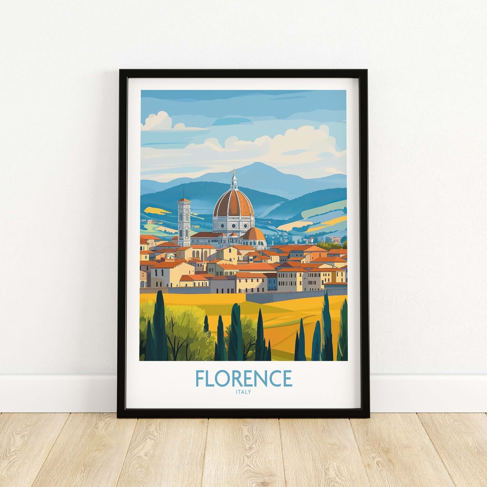 Florence Print Italy showcasing the iconic skyline of Florence with vibrant colors and a minimalist design.