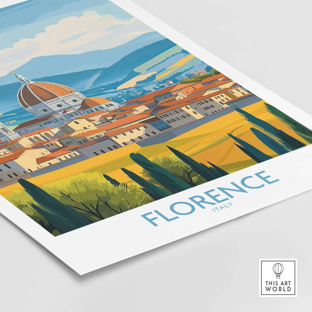 Florence Print Italy featuring a scenic view of the city with iconic architecture and lush landscapes, perfect for home decor.