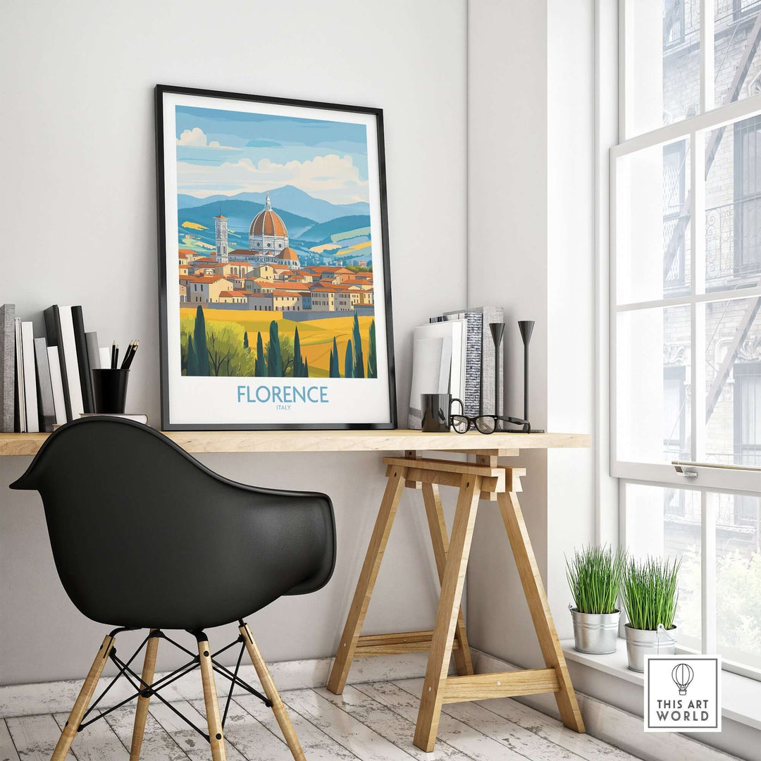 Minimalist Florence print in a stylish workspace, showcasing the beauty of Italy in wall art format.